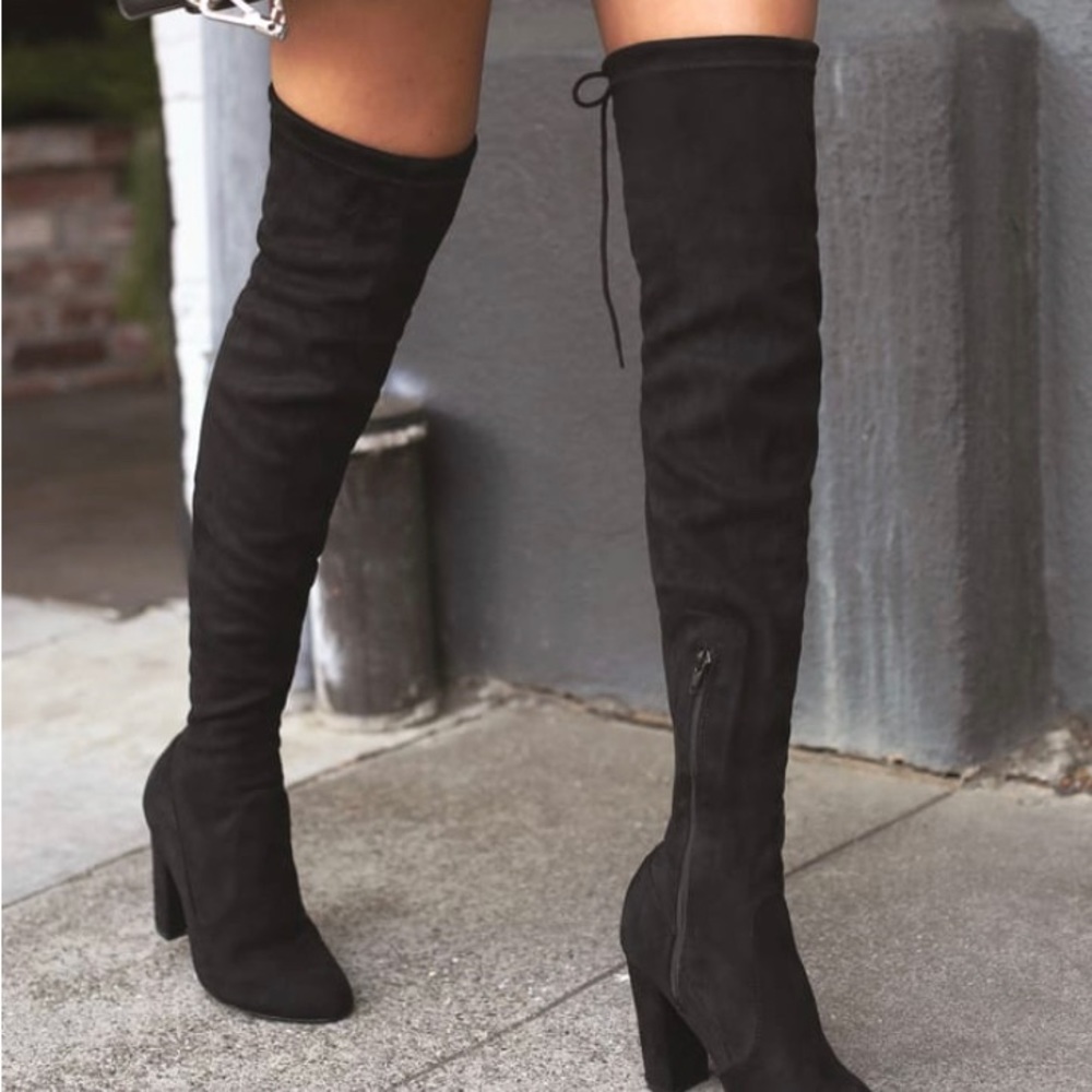 Lulu’s black suede knee high boots